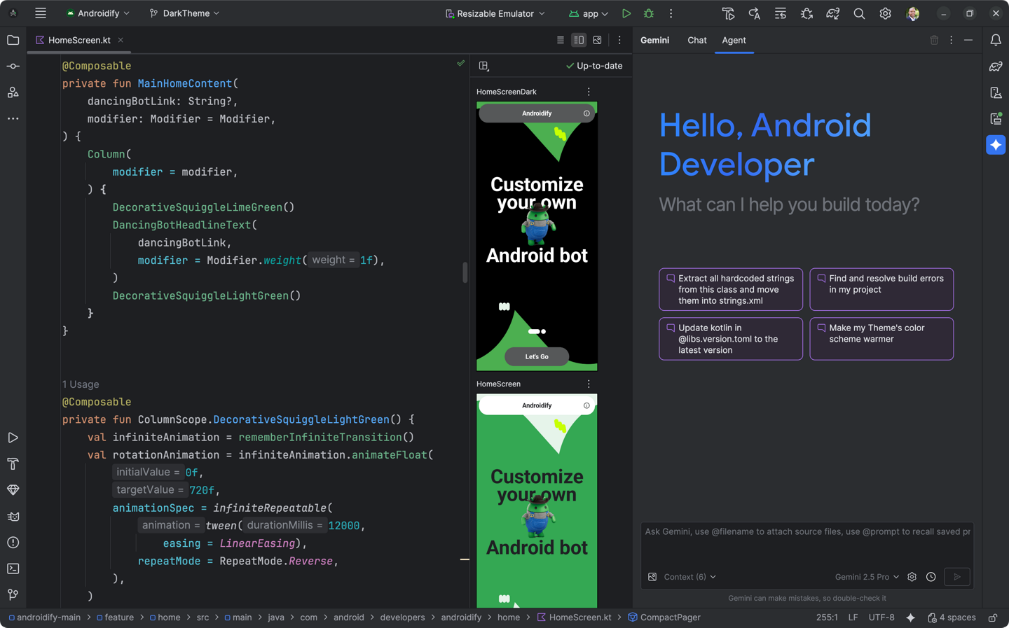 Full Android Studio window with project tree, Kotlin editor, and Gradle build console
